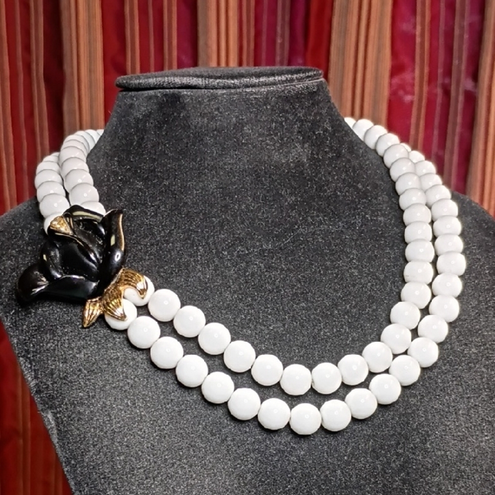 Kenneth J Lane/Avon White Beaded Necklace with Black Floral Detail